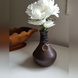Artisan Signed Studio Brown/Black  Pottery Bud Vase
